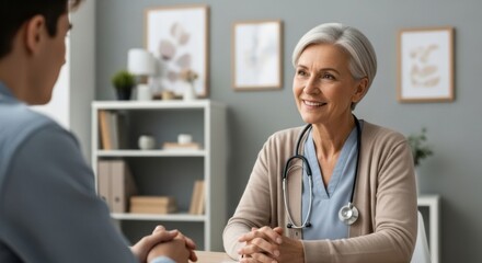 Fototapeta premium Kind senior female doctor with a stethoscope smiling at a young male patient during a consultation in her office.