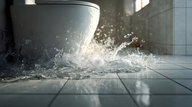 Overflowing toilet emergency with splashing water in bathroom