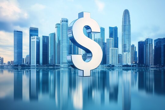 Dollar sign in front of a city skyline made from shiny white metal with buildings reflecting on water surface