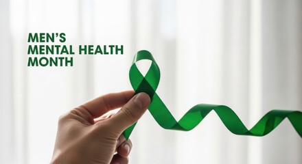 Men's Mental Health Month awareness banner with a hand holding a green ribbon against a bright window background.