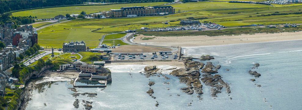 Aerial view of the golf courses of St. Andrews in Scotland. UK