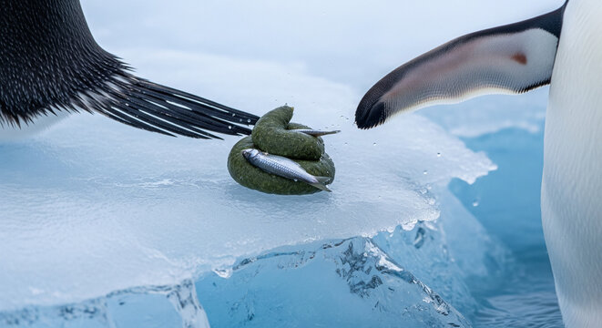 Penguin Poop Surprise: Unexpected Fish in Chinstrap Guano
An extremely close-up and humorous wildlife photograph featuring a vibrant, olive-green pile of fresh penguin guano (feces)