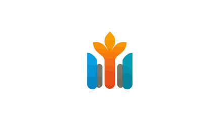 Obraz premium Colorful abstract logo with an orange sprouting plant and blue/grey flanking elements