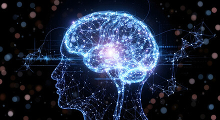Abstract illustration of a glowing digital brain with connections, representing artificial intelligence and cognition