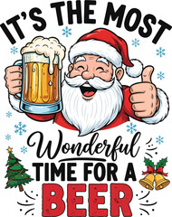 Funny Santa Drinking Beer Illustration with Thumbs Up – Christmas Holiday Humor Design