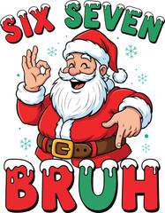 Six Seven Bruh Santa Illustration with Hand Signs and Snowflakes – Funny Christmas Cartoon Design