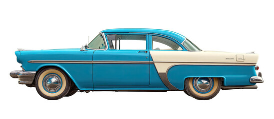 Side view of a classic turquoise and cream-colored coupe