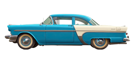 Side view of a classic turquoise and cream-colored coupe