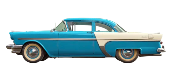 Fotobehang Oldtimers Side view of a classic turquoise and cream-colored coupe  © adri