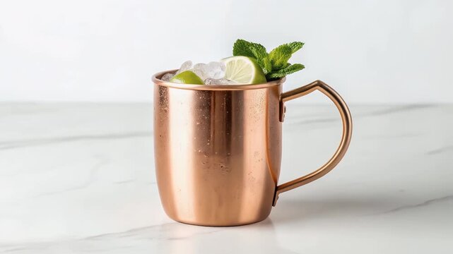 Moscow mule copper mug with ice lime mint marble counter, refreshing cocktail mood soft light and clean minimal style, beverage barware grace