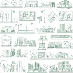 Create Minimal style cad tree green line drawing, Side view, set of section garden city street building outline for landscape design drawing. Vector illustration in seperate elements. © MUKSUDA KHANUM