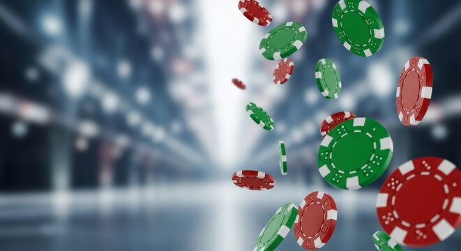 Falling red and green casino chip with blurred background. Gambling and poker game concept for success, entertainment and luck.