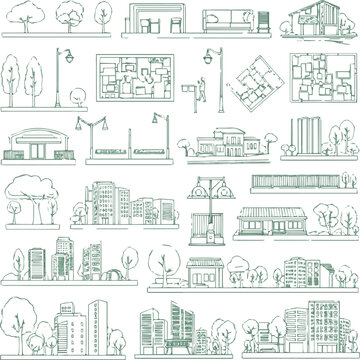Create Minimal style cad tree green line drawing, Side view, set of section garden city street building outline for landscape design drawing. Vector illustration in seperate elements.