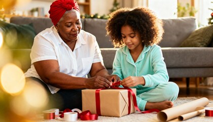 African American grandmother and granddaughter wrapping a Christmas gift together at home. Multi-generational family bonding during the holiday season