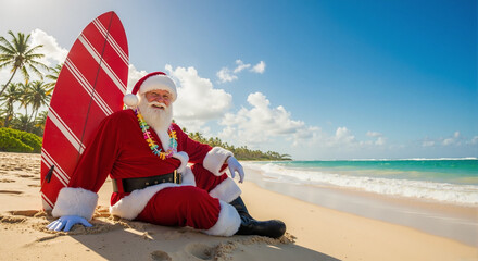Santa Claus Relaxing on the Beach with Surfboard for Holiday Blogs, Christmas Websites, Tropical Celebrations, and Seasonal Event Promotion