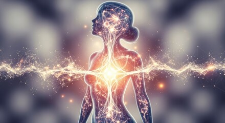 Abstract concept of human energy, showing a female silhouette with a glowing plexus network and a bright heart center.