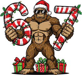 Christmas Bigfoot Holding Candy Cane 67 Numbers with Santa Hat, Presents and Holiday Lights Illustration