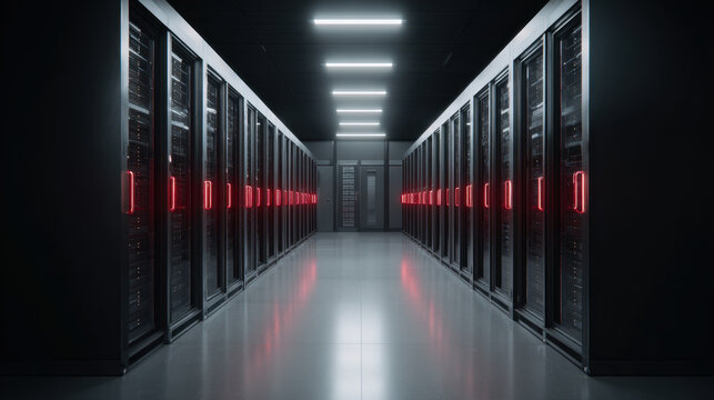 High tech server room corridor with symmetrical racks and red status lights, futuristic cyberpunk atmosphere and glossy floor reflecting LED ceiling illumination