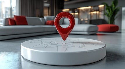 Glossy red map pin on a white stand, modern living room backdrop, bright