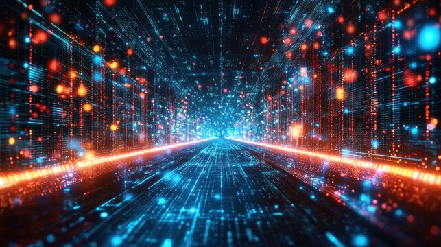 Futuristic tunnel with orange & blue light streaks and floating orbs