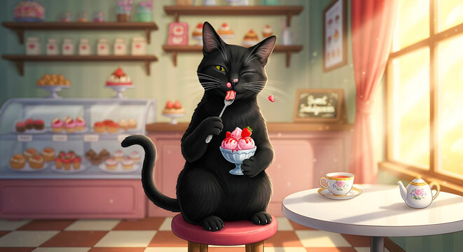 A whimsical black cat enjoying a delightful dessert, with a charming bakery setting in the background