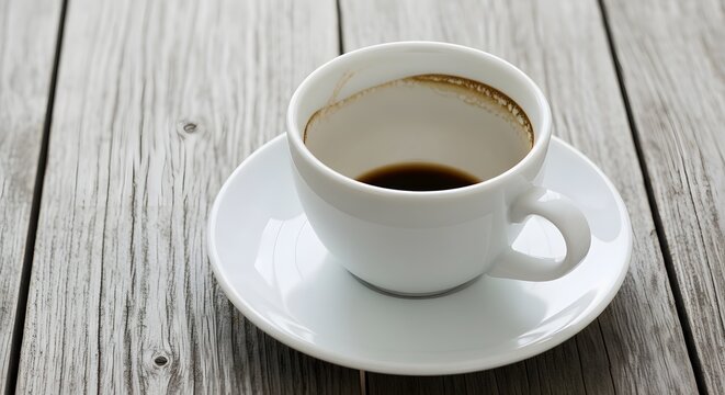 Almost empty coffee cup on rustic wooden table top close up