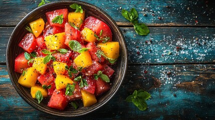 Fresh salad with diced tomatoes, mango, basil in bowl on blue wooden table