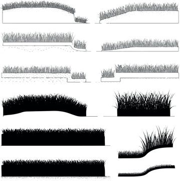 Create set of grass line cad and silhouettes isolated on white background. Ground cover. Illustration for elevation architectural element, side view, grass section. Turf coating banners for edging