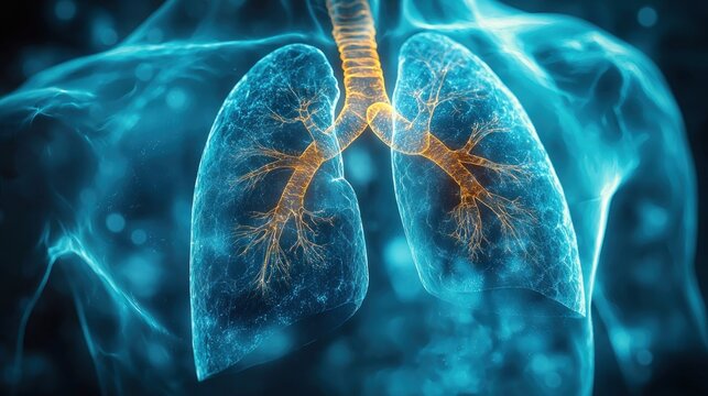 Glowing blue torso outlines lung detail with golden veins - Powered by Adobe