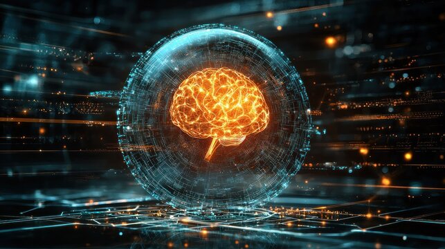Glowing brain inside intricate, holographic sphere. Sci-fi, abstract