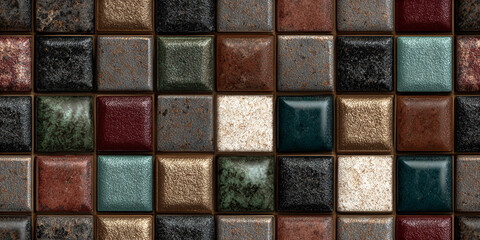 Seamless pattern of colorful tiles in various shapes and textures