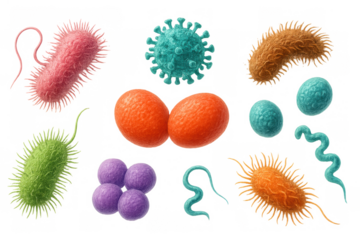 Diverse microorganisms on transparent background including bacteria, virus, germs, microbes, cells, and pathogens