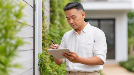 Middle-aged Asian man inspecting the exterior wall of a modern house while reviewing data on a digital tablet, perfect for home inspection services, real estate, maintenance and property reports.