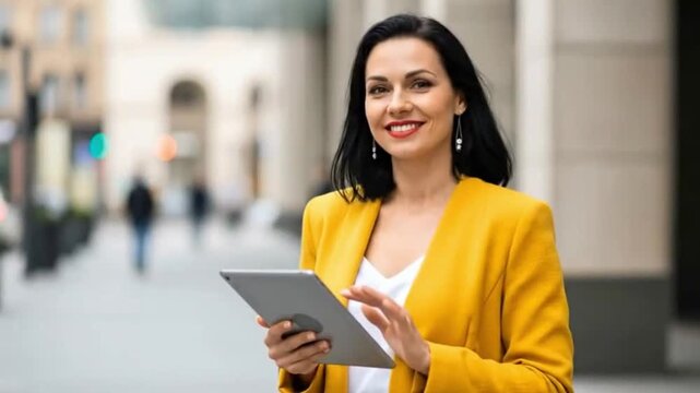 A confident businesswoman in a yellow jacket holding a tablet and giving a thumbs up on a city street. This footage is perfect for approval