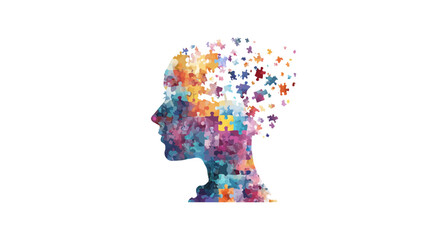 Profile of a person made from puzzle pieces on a white background