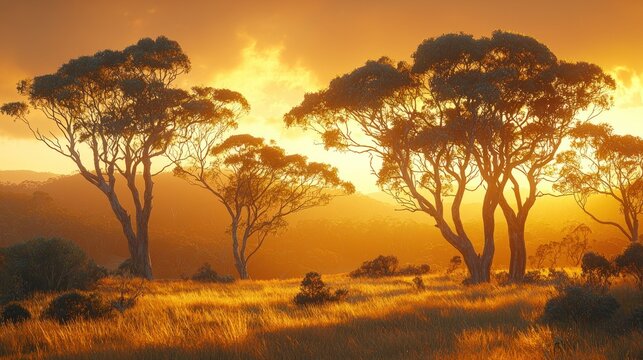 Golden sunset illuminates trees atop hill in dry, grassy field. Warm, serene view