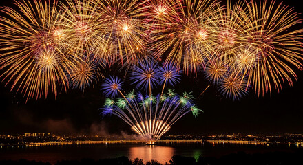 Colorful burst of fireworks above water at night, reflecting in river. It represents celebration, festivity, and spectacle, ideal for festive events