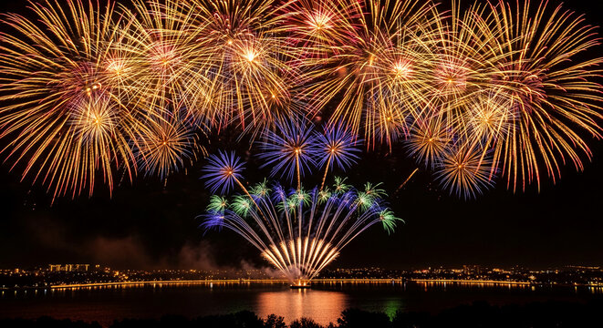 Colorful burst of fireworks above water at night, reflecting in river. It represents celebration, festivity, and spectacle, ideal for festive events