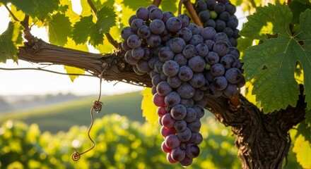 Closeup of ripe red grapes hanging on vine in vineyard on a sunny day