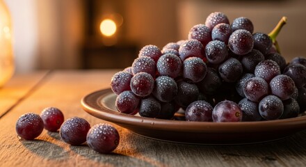 Closeup of a bunch of fresh red grapes on a plate on a wooden table