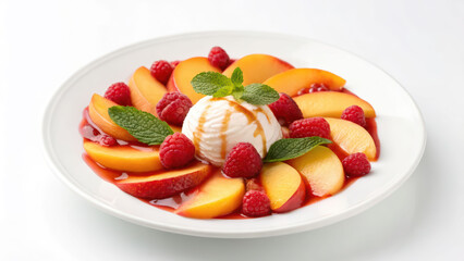Peach melba dessert plate with vanilla ice cream raspberry sauce fresh peach slices raspberries caramel drizzle mint garnish white plate bright