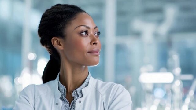 Scientific Insight: A determined scientist, radiating confidence and intellectual curiosity, gazes thoughtfully into the future. It's a portrayal of innovation, dedication.