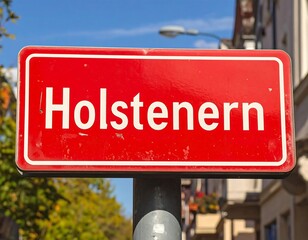 Fototapeta premium Holstenern street sign, vibrant red against a backdrop of city buildings and blue sky