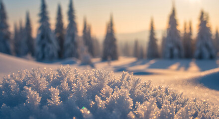 Close-up of frosted snow crystals with blurred pine tree silhouettes in background, showcasing winter landscape and conveying freshness, coldness, serenity