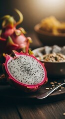 Half of a vibrant pink pitahaya, also known as dragon fruit, lying on a wooden board. Healthy breakfast ingredient for a vegan lifestyle or smoothie preparation.