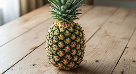 Fresh pineapple on a wooden table, a tropical fruit with a spiky exterior