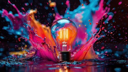 Lit lightbulb in splash of vibrant pink, blue, and orange liquid explosion
