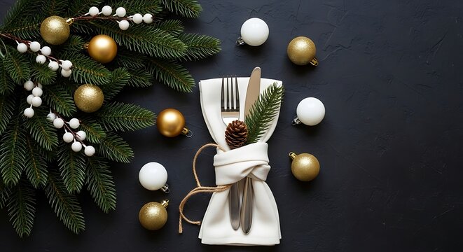 Elegant christmas table setting with festive decorations and pine tree branch - Powered by Adobe