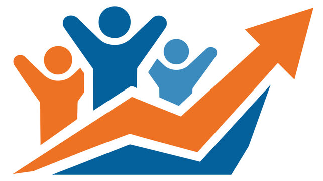 A stylized graphic depicting three figures celebrating with an upward arrow