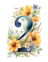 Watercolor numbers decorated with summer flowers on white isolated background. Birthday. Romantic elements for the holiday